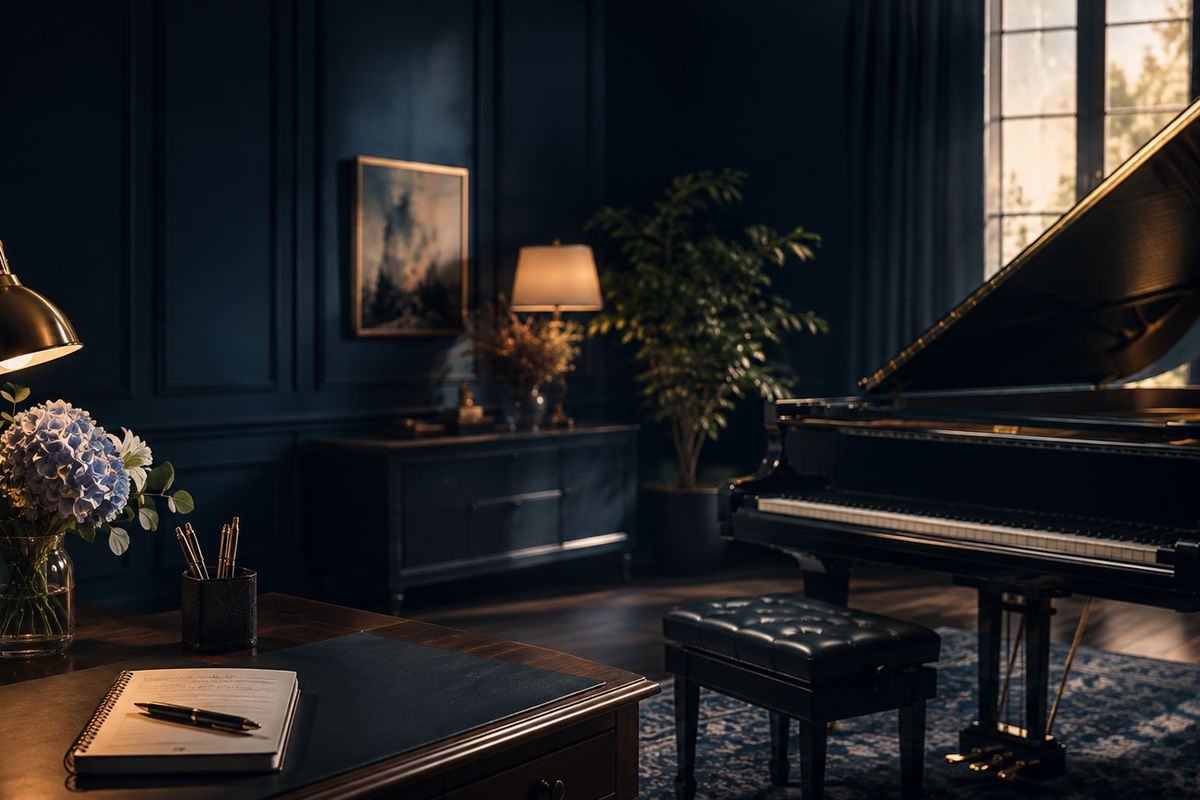 Professional music studio with grand piano and teaching workspace