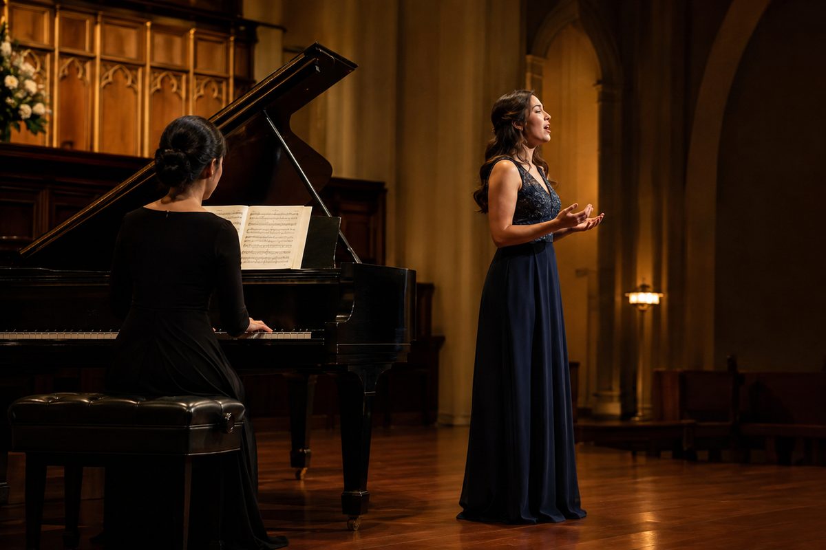 Pianist rehearsing with a vocalist for a live performance