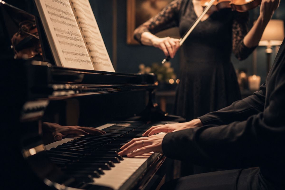 Piano accompanist collaborating with a musician in a professional music setting