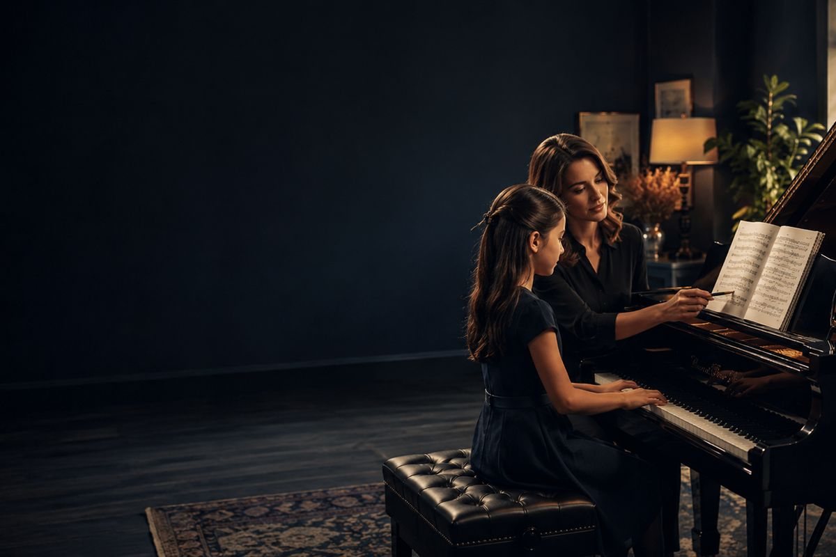 Piano instructor guiding a student during a personalized piano lesson