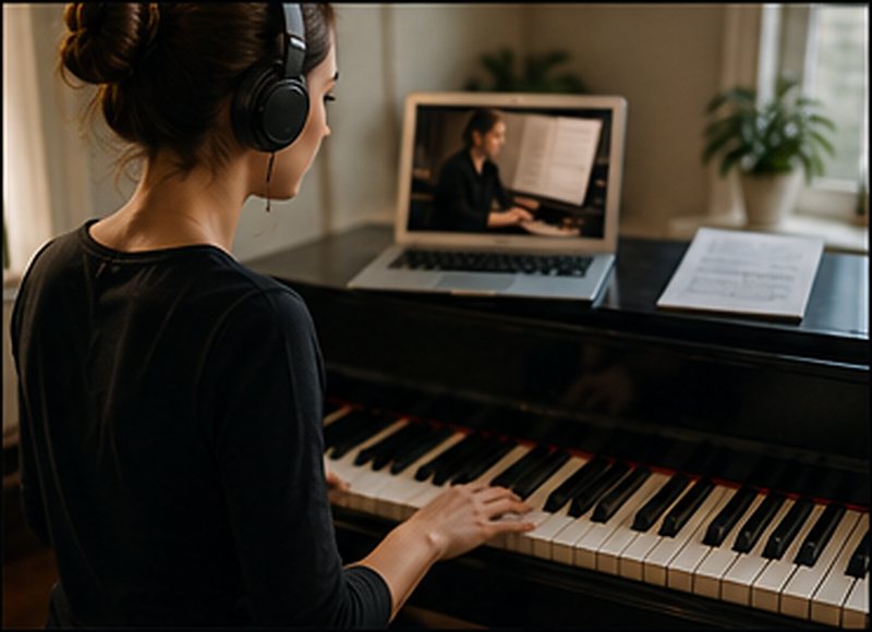 Piano student taking a live online lesson from home using a laptop