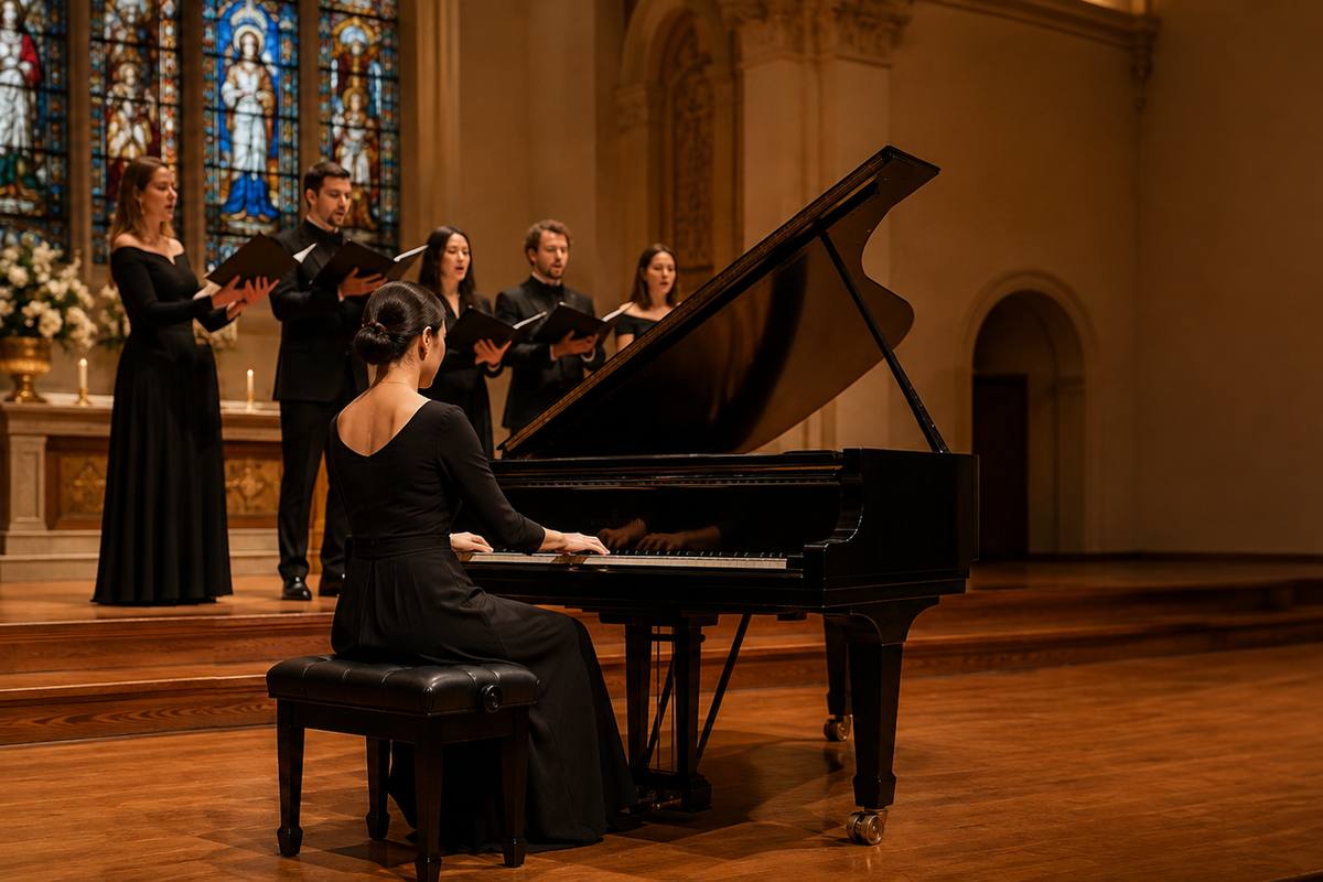 Female pianist performing with a choir in a church venue