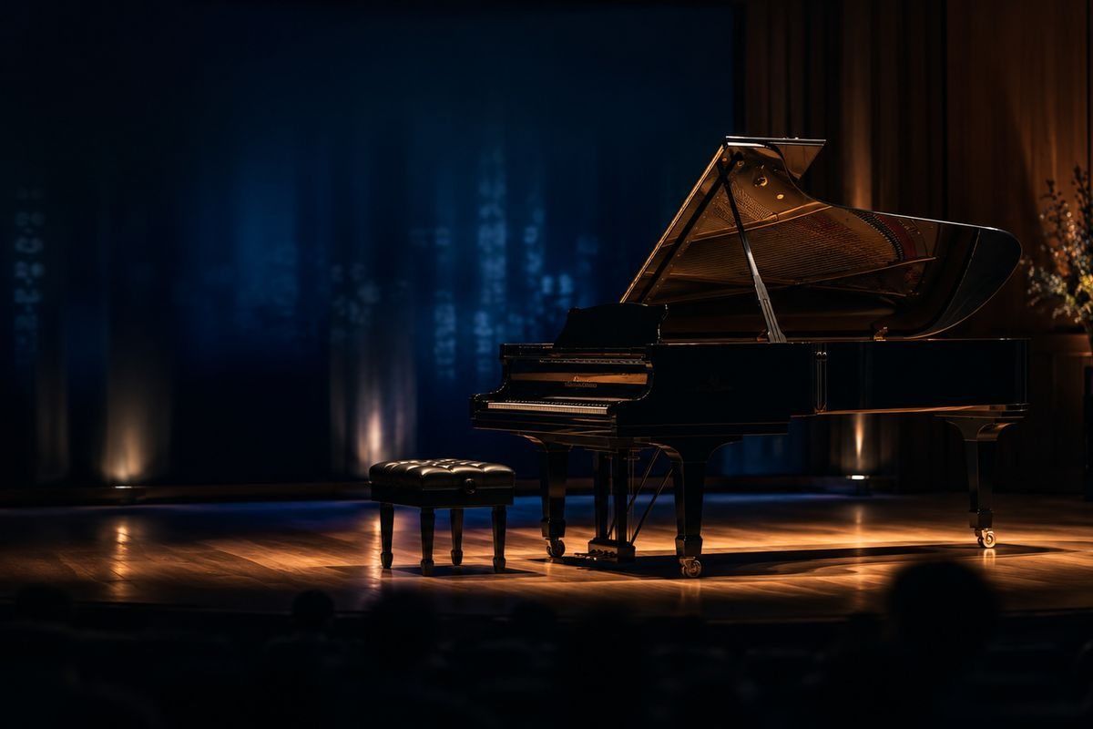 Grand piano under stage lighting ready for a live performance
