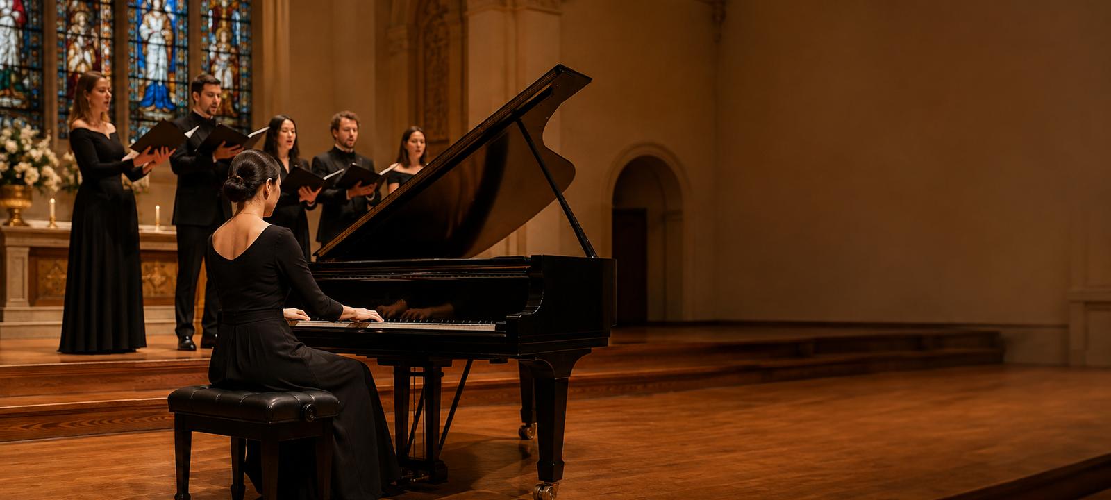 Grand piano prepared on stage for a professional recital or event