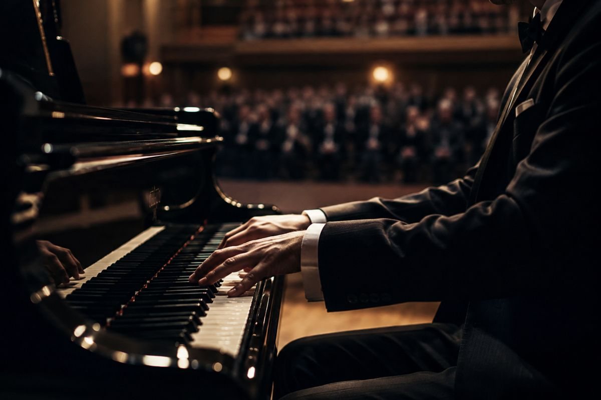 Pianist hands on a grand piano keyboard during focused practice